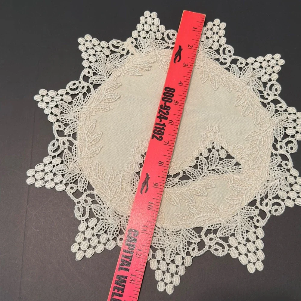Vintage Beige Lace Table Runner and Doily Set Grape Vine Motif Scalloped Edge